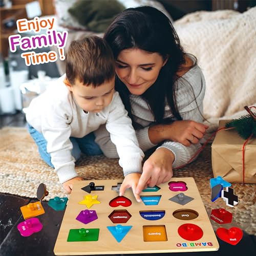Bambibo Wooden Shape Puzzles for Kids Ages 3-5 | Magnetic, Toddler Puzzles with 16 Shapes and Knobs | 14 Bright Color Puzzles for Toddlers 1-3 | Montessori Toys Shapes Puzzles for Toddlers 3-5