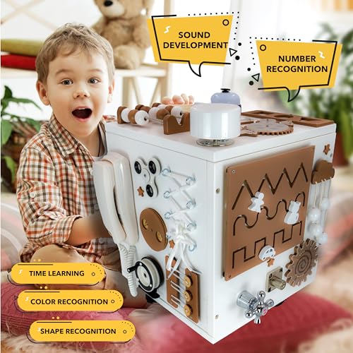 Bambibo Wooden Activity Cubes for Kids - Pre Assembled, 26 Sensory Activity with Storage Space | Pre-School Education Montessori Busy Cube for Toddlers | Birthday Gifts for 3+ Year Old Boys & Girls