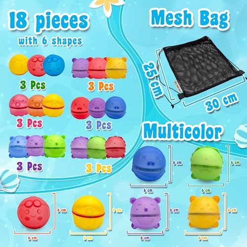Bambibo Reusable Water Balloons for Kids - Pack of 18 | Anti Slip Animal Design, Water Bombs | Mesh Bag Refillable Water Balloons Quick Fill Magnetic Balls | Water Toys Pool Toys for Kids Ages 4-8