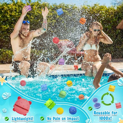 Bambibo Reusable Water Balloons Quick Fill - Pack of 6 | Anti Slip Printed Design, Water Bombs | Mesh Bag | Refillable Water Balloons for Kids Magnetic Balls | Water Toys Pool Toys for Kids Ages 4-8