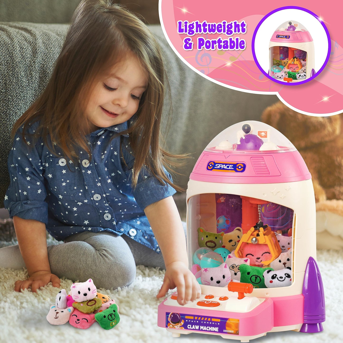 Mini Claw Machine for Kids | Pink Rocket Shaped, Kids Vending Machine | Mini Arcade Games for Kids Age 3-8 | Mini Arcade Machine with Music |Tiny Arcade Machines for Home