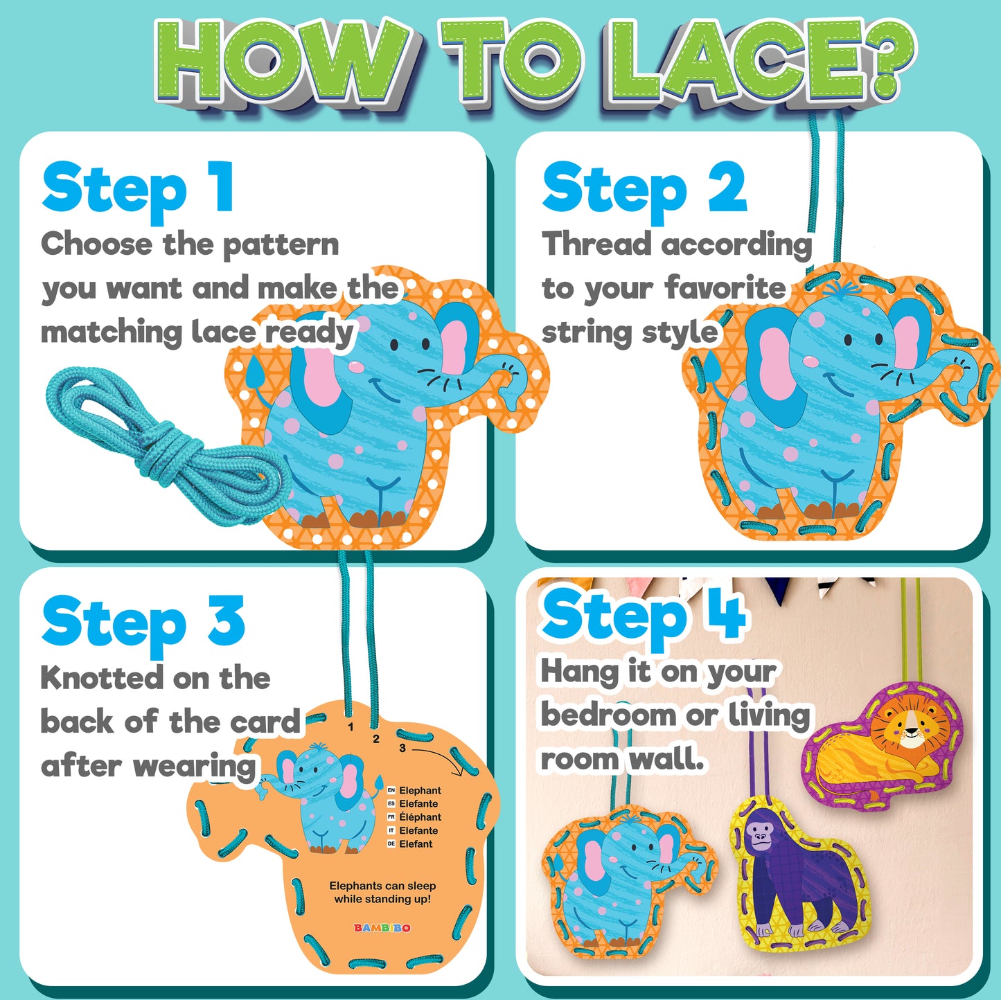 Bambibo Lacing Cards for Kids - Pack of 12 | Double Sided with Names and Features | Animal, Sewing Cards for Children | 12 Colorful Threading Toys for Toddlers | DIY Fine Motor Skills Ages - 3 4 5 6