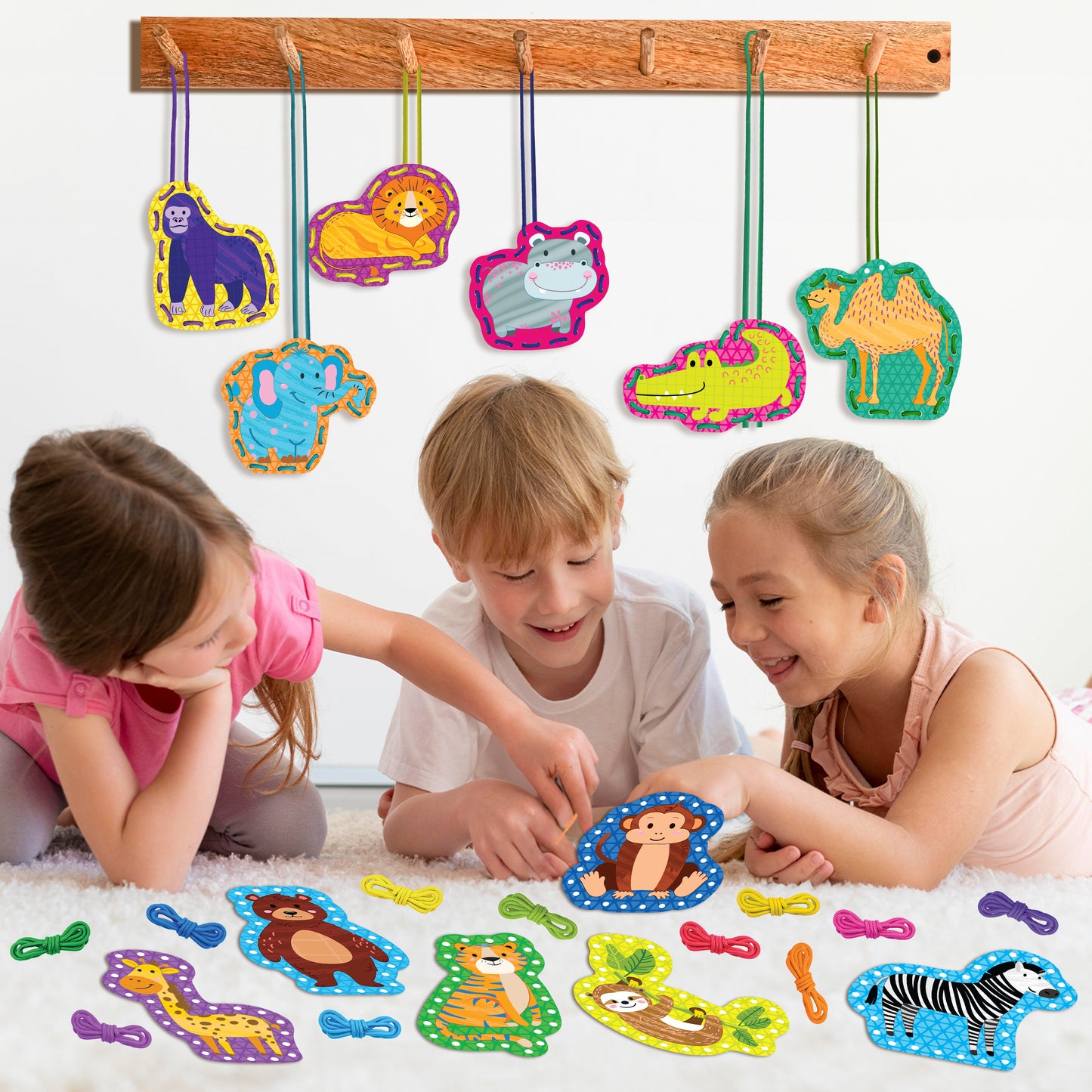 Bambibo Lacing Cards for Kids - Pack of 12 | Double Sided with Names and Features | Animal, Sewing Cards for Children | 12 Colorful Threading Toys for Toddlers | DIY Fine Motor Skills Ages - 3 4 5 6