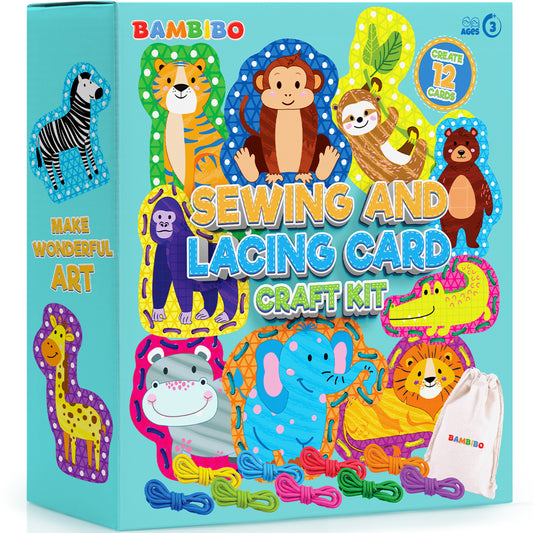 Bambibo Lacing Cards for Kids - Pack of 12 | Double Sided with Names and Features | Animal, Sewing Cards for Children | 12 Colorful Threading Toys for Toddlers | DIY Fine Motor Skills Ages - 3 4 5 6