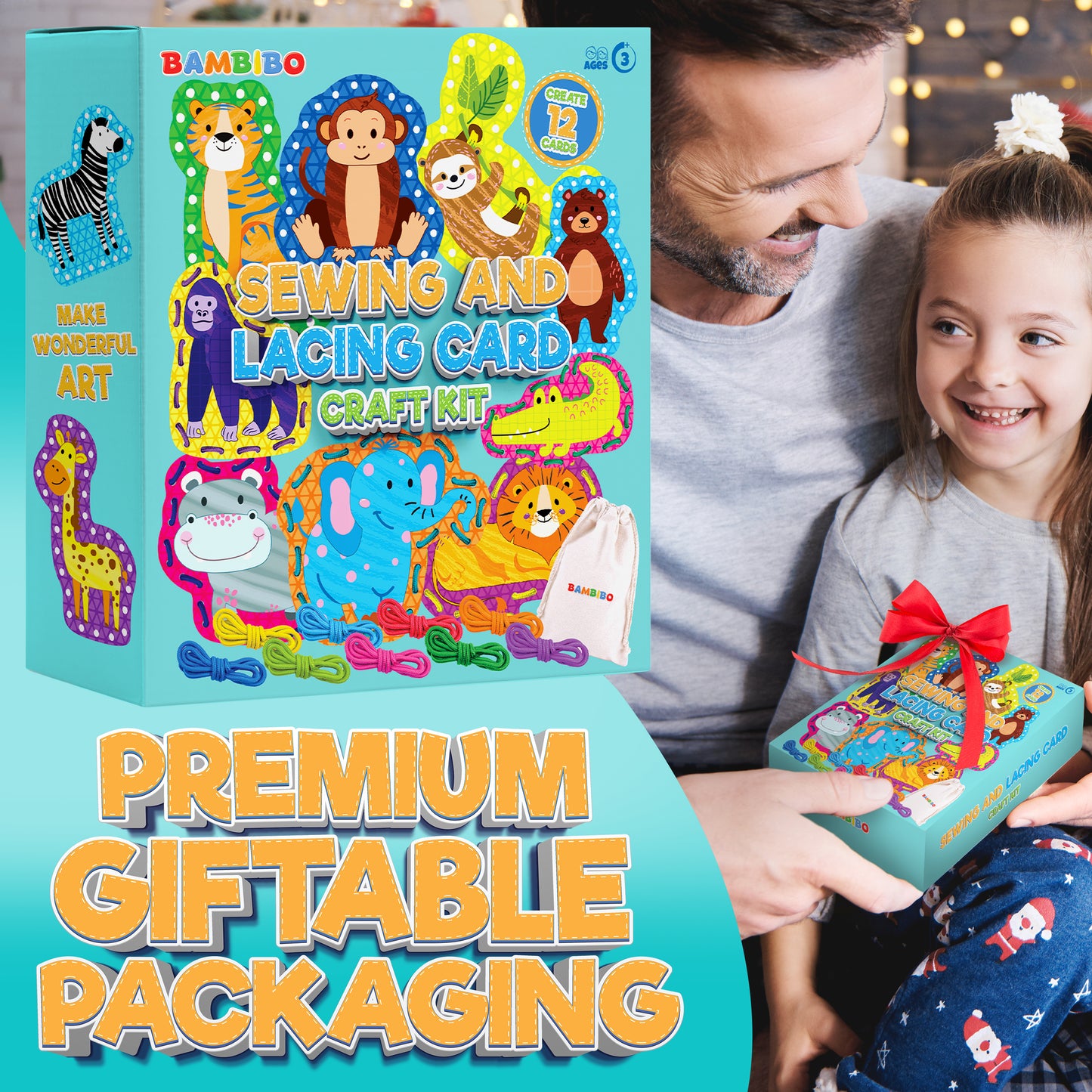 Bambibo Lacing Cards for Kids - Pack of 12 | Double Sided with Names and Features | Animal, Sewing Cards for Children | 12 Colorful Threading Toys for Toddlers | DIY Fine Motor Skills Ages - 3 4 5 6