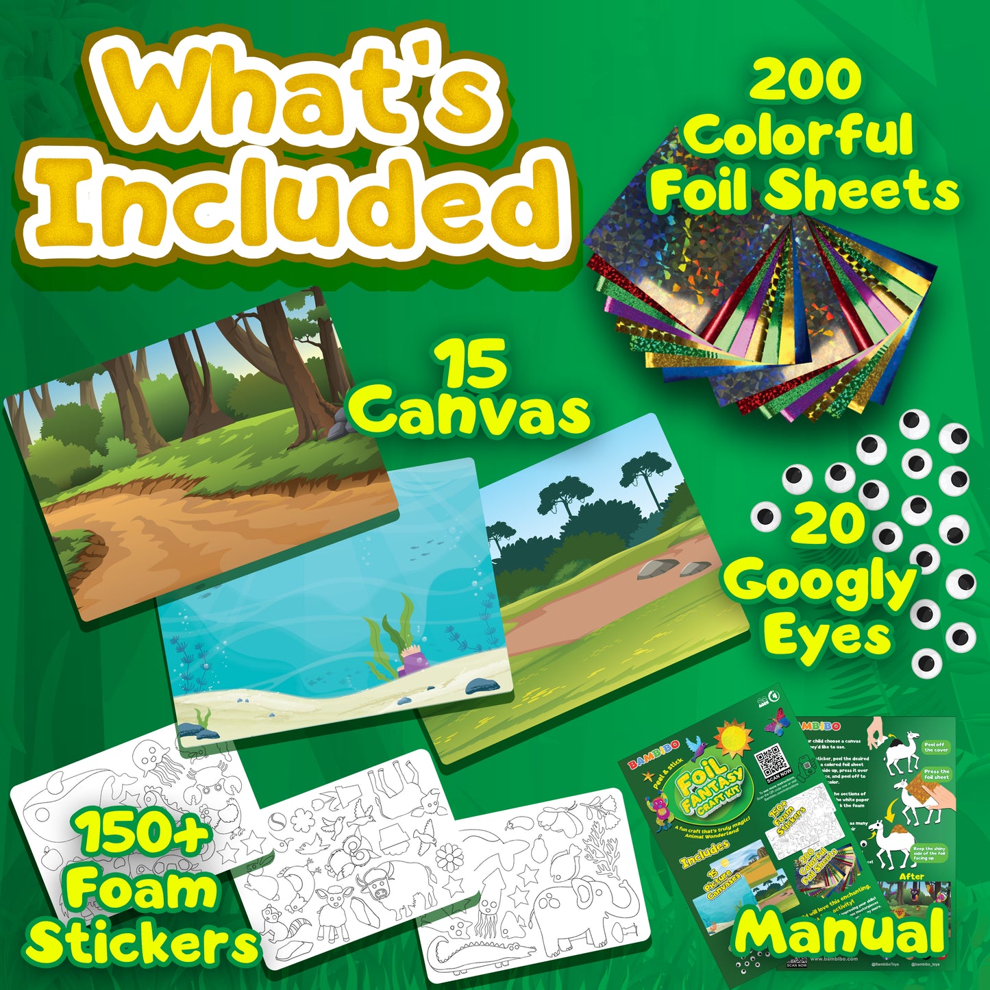 Bambibo Foil Craft for Kids - Mega Pack, 200 Foil Art Craft Sheets | 15 Canvases Foil Fantasy Craft Kits | Foil Crafts Foil Stickers for Kids | DIY Birthday Gifts for Girls Boys Ages 4 5 6 7 8