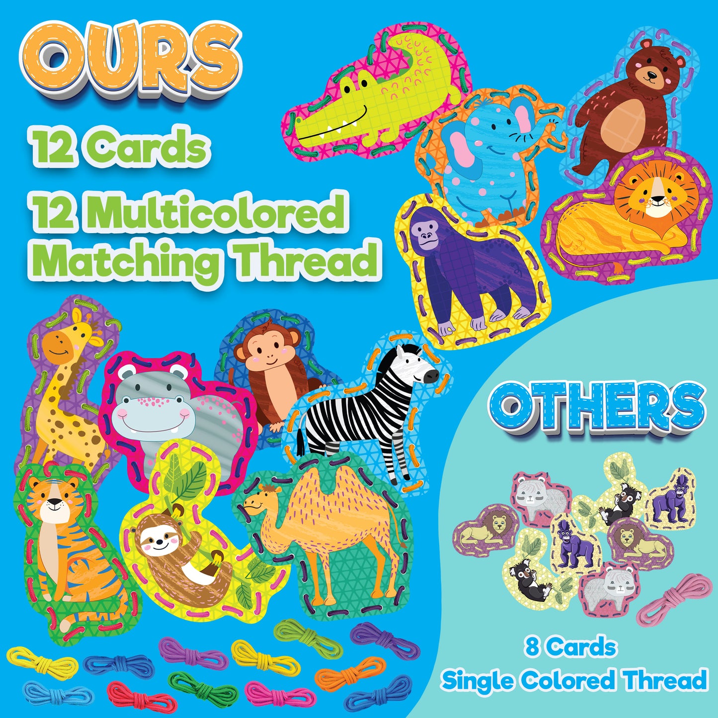 Bambibo Lacing Cards for Kids - Pack of 12 | Double Sided with Names and Features | Animal, Sewing Cards for Children | 12 Colorful Threading Toys for Toddlers | DIY Fine Motor Skills Ages - 3 4 5 6