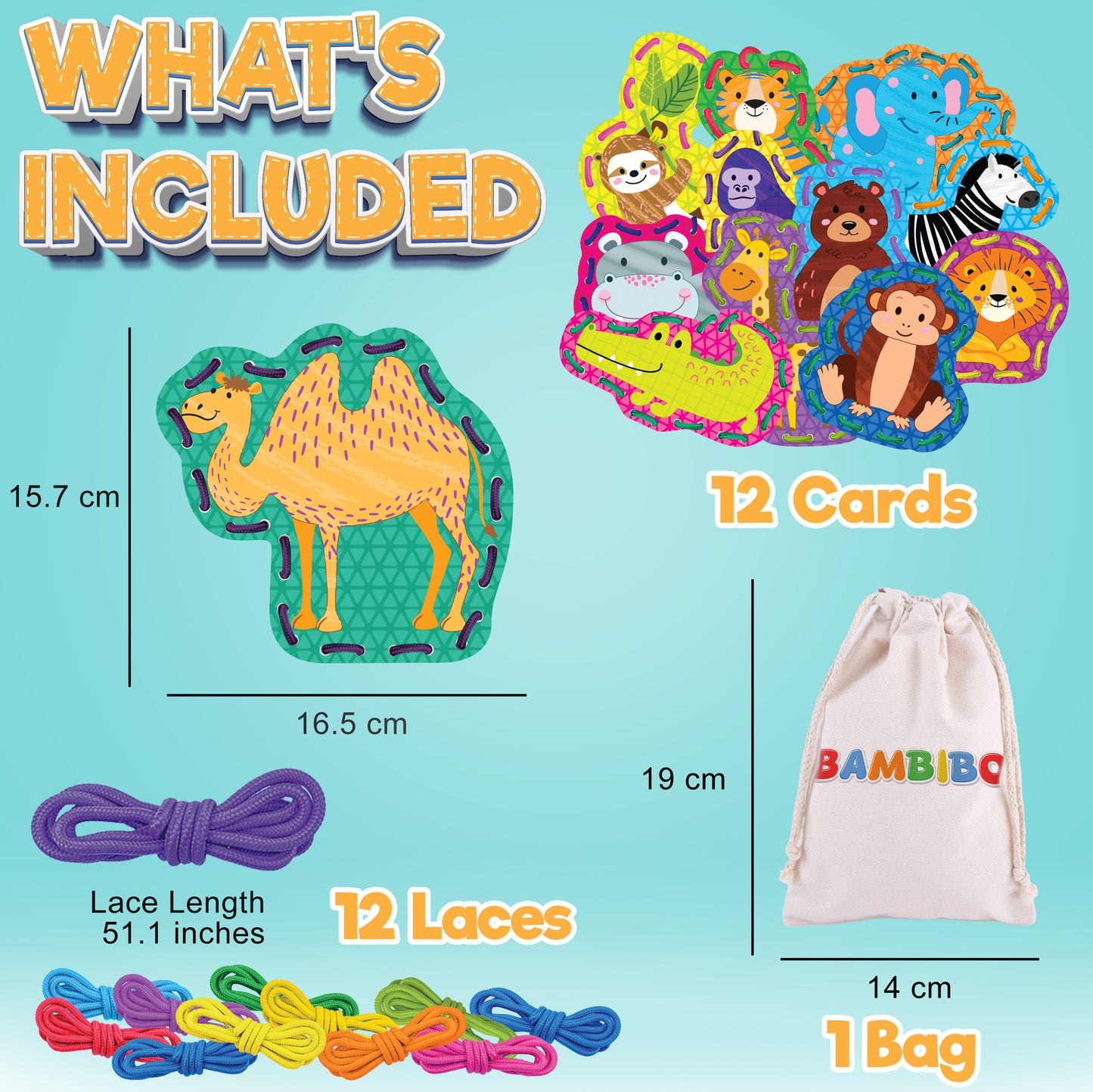 Bambibo Lacing Cards for Kids - Pack of 12 | Double Sided with Names and Features | Animal, Sewing Cards for Children | 12 Colorful Threading Toys for Toddlers | DIY Fine Motor Skills Ages - 3 4 5 6