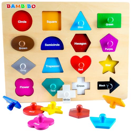 Bambibo Wooden Shape Puzzles for Kids Ages 3-5 | Magnetic, Toddler Puzzles with 16 Shapes and Knobs | 14 Bright Color Puzzles for Toddlers 1-3 | Montessori Toys Shapes Puzzles for Toddlers 3-5