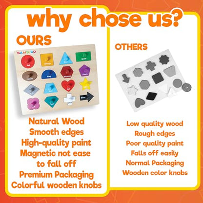 Bambibo Wooden Shape Puzzles for Kids Ages 3-5 | Magnetic, Toddler Puzzles with 16 Shapes and Knobs | 14 Bright Color Puzzles for Toddlers 1-3 | Montessori Toys Shapes Puzzles for Toddlers 3-5