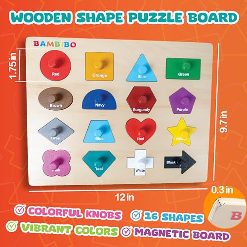 Bambibo Wooden Shape Puzzles for Kids Ages 3-5 | Magnetic, Toddler Puzzles with 16 Shapes and Knobs | 14 Bright Color Puzzles for Toddlers 1-3 | Montessori Toys Shapes Puzzles for Toddlers 3-5