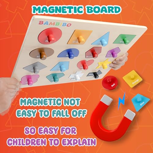 Bambibo Wooden Shape Puzzles for Kids Ages 3-5 | Magnetic, Toddler Puzzles with 16 Shapes and Knobs | 14 Bright Color Puzzles for Toddlers 1-3 | Montessori Toys Shapes Puzzles for Toddlers 3-5