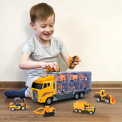 Bambibo Construction Truck Toys for Boys - 7 in 1, Construction Vehicle Toys | Mini, Construction Toys for 3+ Year Old Boys Girls | 14 inch Car Carrier Truck Toy with Die-cast Construction Toys