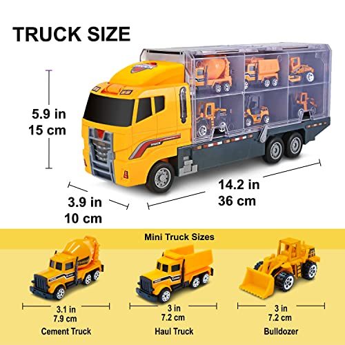 Bambibo Construction Truck Toys for Boys - 7 in 1, Construction Vehicle Toys | Mini, Construction Toys for 3+ Year Old Boys Girls | 14 inch Car Carrier Truck Toy with Die-cast Construction Toys