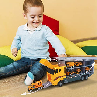 Bambibo Construction Truck Toys for Boys - 7 in 1, Construction Vehicle Toys | Mini, Construction Toys for 3+ Year Old Boys Girls | 14 inch Car Carrier Truck Toy with Die-cast Construction Toys