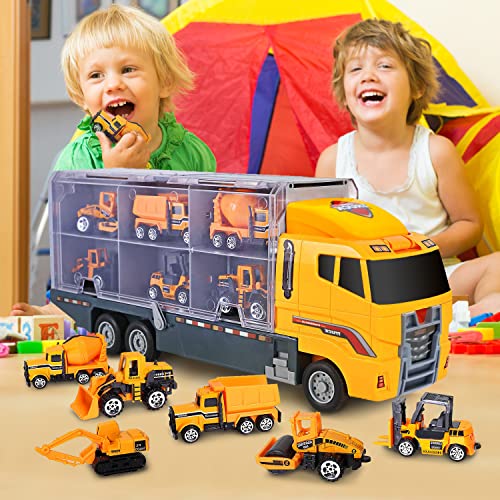 Bambibo Construction Truck Toys for Boys - 7 in 1, Construction Vehicle Toys | Mini, Construction Toys for 3+ Year Old Boys Girls | 14 inch Car Carrier Truck Toy with Die-cast Construction Toys