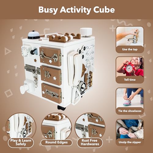 Bambibo Wooden Activity Cubes for Kids - Pre Assembled, 26 Sensory Activity with Storage Space | Pre-School Education Montessori Busy Cube for Toddlers | Birthday Gifts for 3+ Year Old Boys & Girls