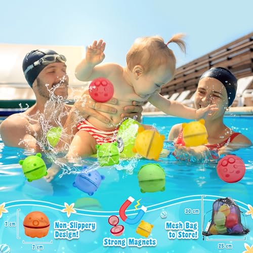 Bambibo Reusable Water Balloons Quick Fill - Pack of 18 | Anti Slip, Multi Shaped Water Bombs | Mesh Bag | Refillable Water Balloons for Kids Magnetic Balls | Water Toys Pool Toys for Kids Ages 4-8