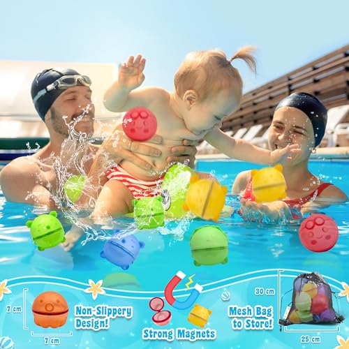 Bambibo Reusable Water Balloons Quick Fill - Pack of 6 | Anti Slip Printed Design, Water Bombs | Mesh Bag | Refillable Water Balloons for Kids Magnetic Balls | Water Toys Pool Toys for Kids Ages 4-8