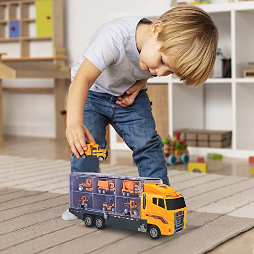 Bambibo Construction Truck Toys for Boys - 7 in 1, Construction Vehicle Toys | Mini, Construction Toys for 3+ Year Old Boys Girls | 14 inch Car Carrier Truck Toy with Die-cast Construction Toys