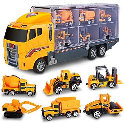 Bambibo Construction Truck Toys for Boys - 7 in 1, Construction Vehicle Toys | Mini, Construction Toys for 3+ Year Old Boys Girls | 14 inch Car Carrier Truck Toy with Die-cast Construction Toys