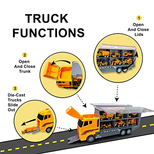 Bambibo Construction Truck Toys for Boys - 7 in 1, Construction Vehicle Toys | Mini, Construction Toys for 3+ Year Old Boys Girls | 14 inch Car Carrier Truck Toy with Die-cast Construction Toys