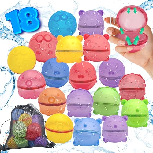 Bambibo Reusable Water Balloons for Kids - Pack of 18 | Anti Slip Animal Design, Water Bombs | Mesh Bag Refillable Water Balloons Quick Fill Magnetic Balls | Water Toys Pool Toys for Kids Ages 4-8