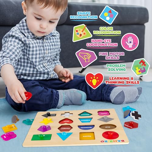 Bambibo Wooden Shape Puzzles for Kids Ages 3-5 | Magnetic, Toddler Puzzles with 16 Shapes and Knobs | 14 Bright Color Puzzles for Toddlers 1-3 | Montessori Toys Shapes Puzzles for Toddlers 3-5