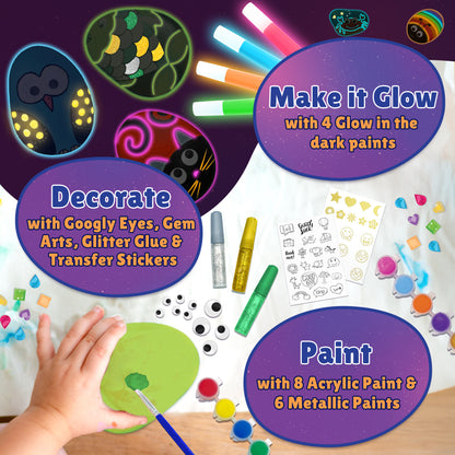 Bambibo Glow in The Dark Rock Painting Kit - Mega Pack, 62 Pcs | DIY Arts and Crafts for Kids 4-6 | Kids Rock Painting Supplies | Arts & Crafts Toys for Girls & Boys | Rock Painting Kit for Kids 6-12