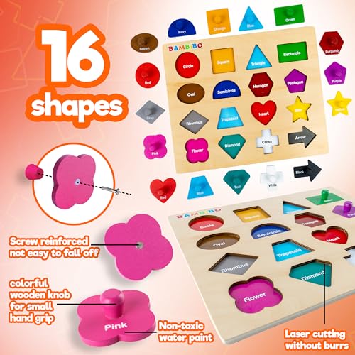 Bambibo Wooden Shape Puzzles for Kids Ages 3-5 | Magnetic, Toddler Puzzles with 16 Shapes and Knobs | 14 Bright Color Puzzles for Toddlers 1-3 | Montessori Toys Shapes Puzzles for Toddlers 3-5