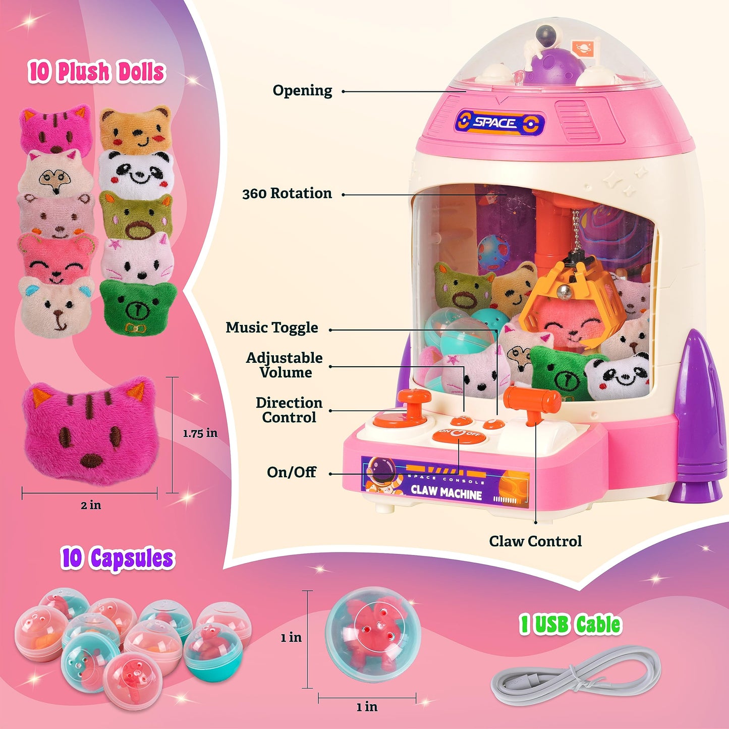 Mini Claw Machine for Kids | Pink Rocket Shaped, Kids Vending Machine | Mini Arcade Games for Kids Age 3-8 | Mini Arcade Machine with Music |Tiny Arcade Machines for Home