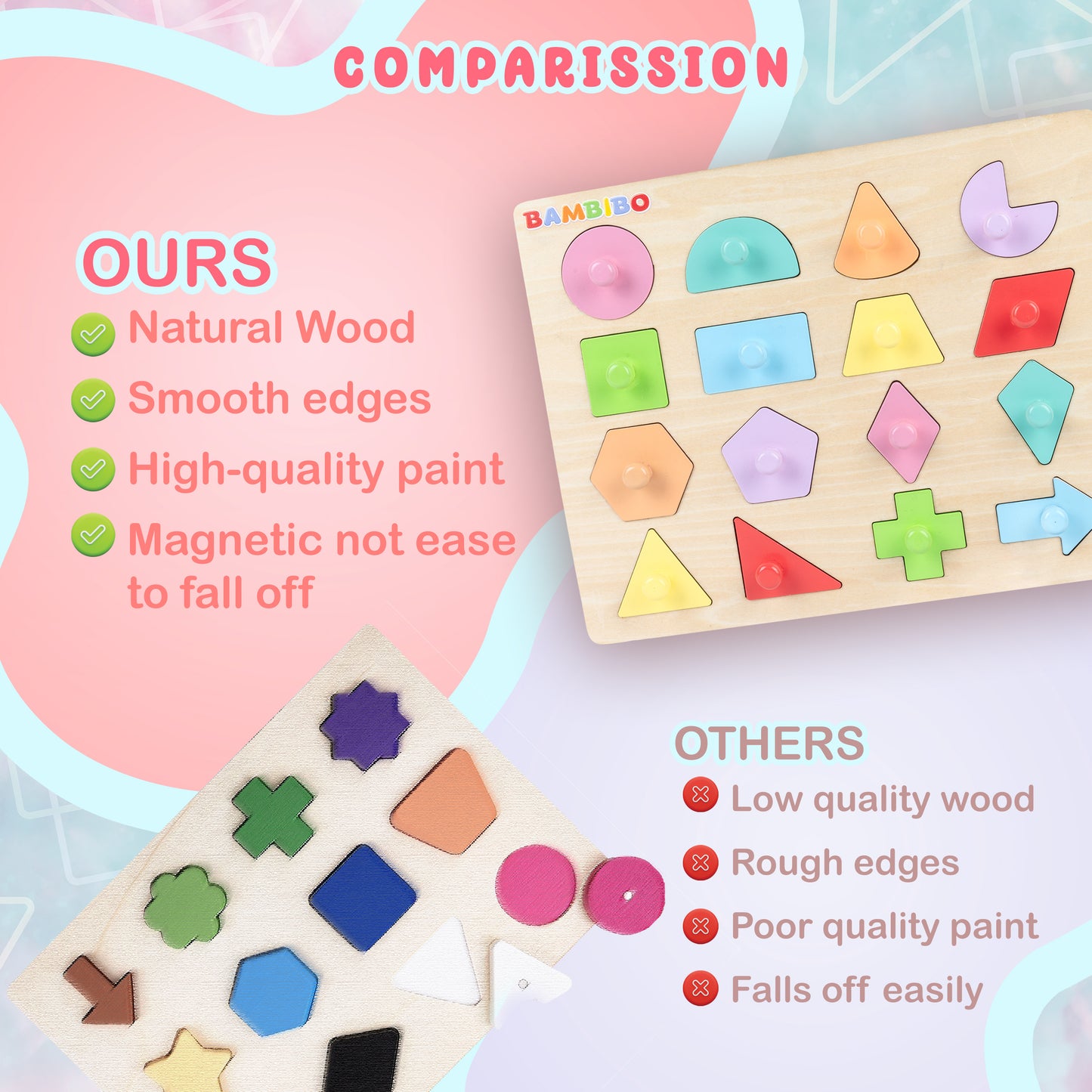 Bambibo Wooden Shape Puzzles for Kids Ages 3-5 | Toddler Puzzles with 16 Shapes and Knobs | 8 Pastel Color Puzzles for Toddlers 1-3 | Toddler Shapes Learning Toys | Shapes Puzzles for Toddlers 3-5
