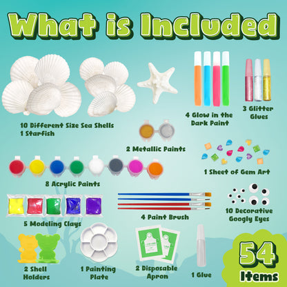 Bambibo Sea Shell Painting Craft Kit for Kids - Mega Pack, 54 in 1 | Glow in The Dark Paint for Kids | Shell Painting Kit for Kids | Sea Shells for Craft Supplies | Arts and Crafts for Kids Ages 8-12