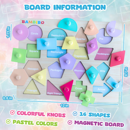 Bambibo Wooden Shape Puzzles for Kids Ages 3-5 | Toddler Puzzles with 16 Shapes and Knobs | 8 Pastel Color Puzzles for Toddlers 1-3 | Toddler Shapes Learning Toys | Shapes Puzzles for Toddlers 3-5