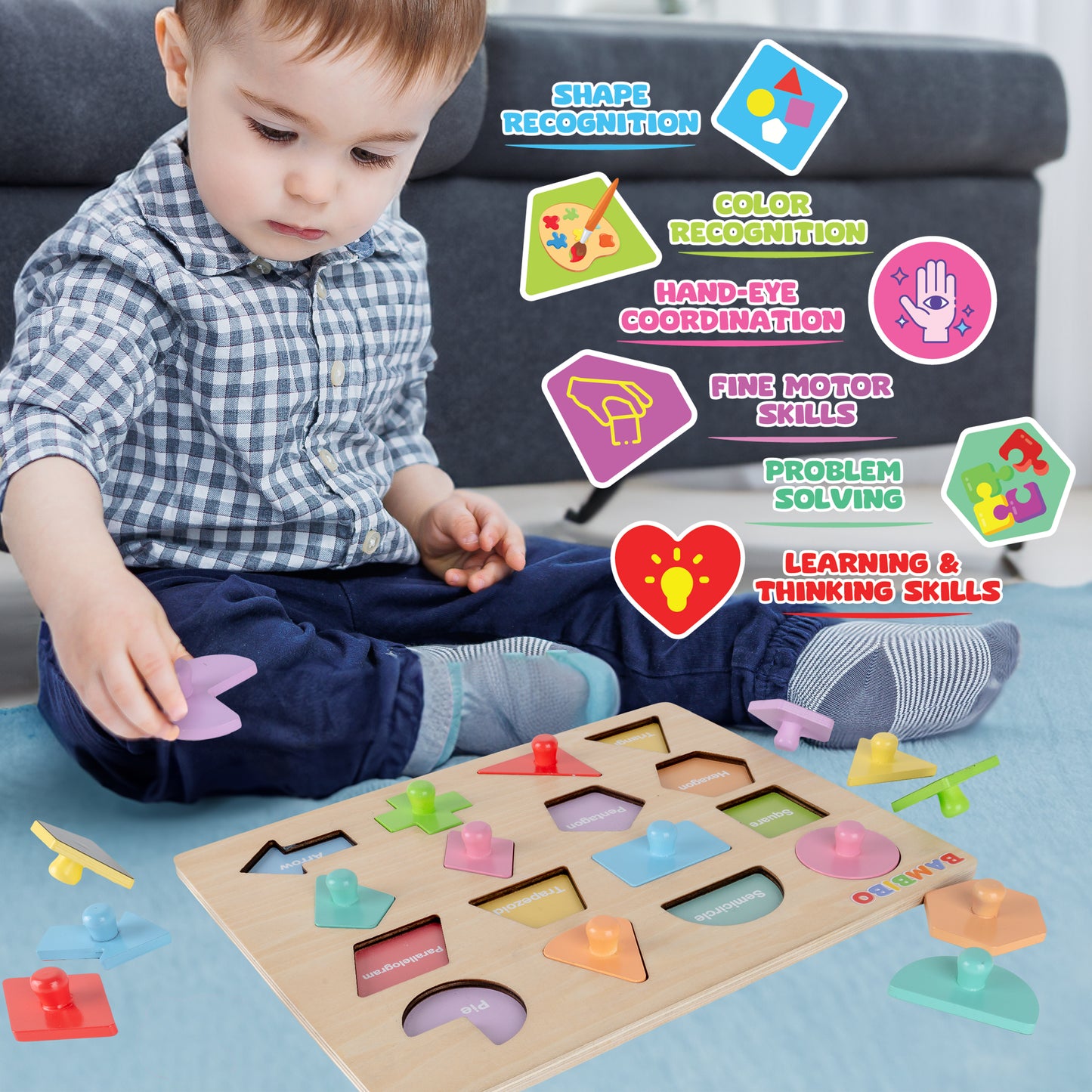 Bambibo Wooden Shape Puzzles for Kids Ages 3-5 | Toddler Puzzles with 16 Shapes and Knobs | 8 Pastel Color Puzzles for Toddlers 1-3 | Toddler Shapes Learning Toys | Shapes Puzzles for Toddlers 3-5