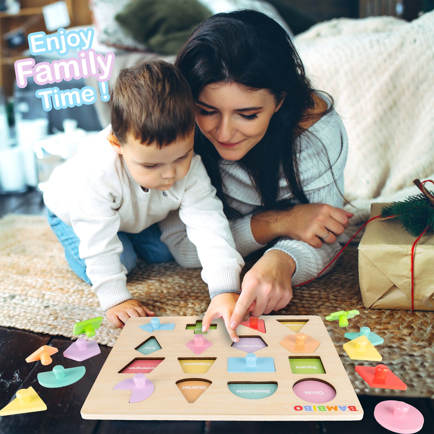 Bambibo Wooden Shape Puzzles for Kids Ages 3-5 | Toddler Puzzles with 16 Shapes and Knobs | 8 Pastel Color Puzzles for Toddlers 1-3 | Toddler Shapes Learning Toys | Shapes Puzzles for Toddlers 3-5
