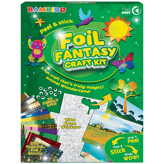 Bambibo Foil Craft for Kids - Mega Pack, 200 Foil Art Craft Sheets | 15 Canvases Foil Fantasy Craft Kits | Foil Crafts Foil Stickers for Kids | DIY Birthday Gifts for Girls Boys Ages 4 5 6 7 8