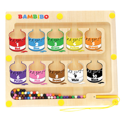 Bambibo Magnetic Color and Number Maze - Wooden Magnetic Maze Board with 55 Beads and 10 Paint Bucket | Magnet Color and Counting Maze Wooden Puzzles for Toddlers 3-5 | Magnetic Maze for kids ages 3-5