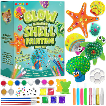 Bambibo Sea Shell Painting Craft Kit for Kids - Mega Pack, 54 in 1 | Glow in The Dark Paint for Kids | Shell Painting Kit for Kids | Sea Shells for Craft Supplies | Arts and Crafts for Kids Ages 8-12