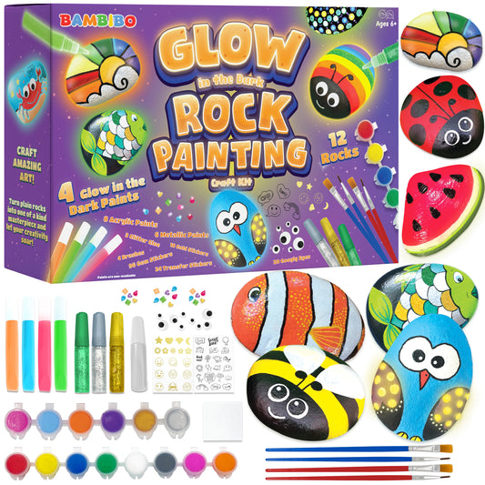 Bambibo Glow in The Dark Rock Painting Kit - Mega Pack, 62 Pcs | DIY Arts and Crafts for Kids 4-6 | Kids Rock Painting Supplies | Arts & Crafts Toys for Girls & Boys | Rock Painting Kit for Kids 6-12