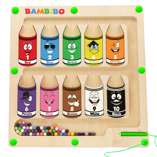 Bambibo Magnetic Color and Number Maze - Wooden Magnetic Maze Board with Beads and 10 Crayon Colors | Magnet Color and Counting Maze Wooden Puzzles for Toddlers 3-5 | Magnetic Maze for Kids Ages 3-5