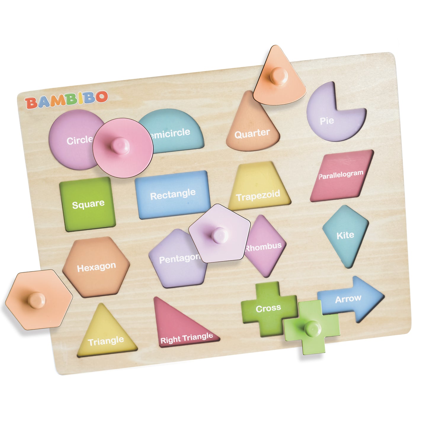 Bambibo Wooden Shape Puzzles for Kids Ages 3-5 | Toddler Puzzles with 16 Shapes and Knobs | 8 Pastel Color Puzzles for Toddlers 1-3 | Toddler Shapes Learning Toys | Shapes Puzzles for Toddlers 3-5