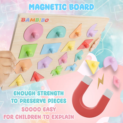 Bambibo Wooden Shape Puzzles for Kids Ages 3-5 | Toddler Puzzles with 16 Shapes and Knobs | 8 Pastel Color Puzzles for Toddlers 1-3 | Toddler Shapes Learning Toys | Shapes Puzzles for Toddlers 3-5