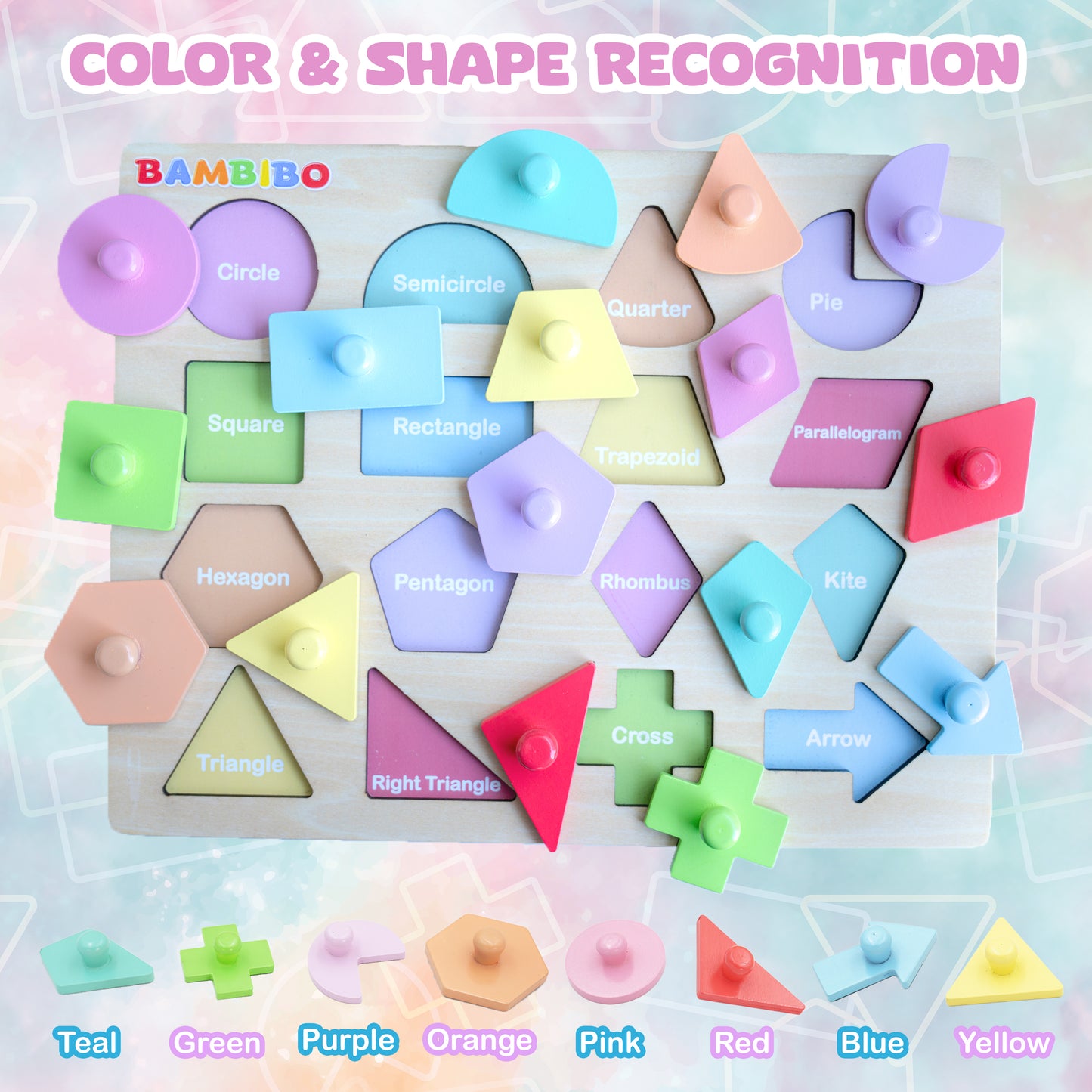 Bambibo Wooden Shape Puzzles for Kids Ages 3-5 | Toddler Puzzles with 16 Shapes and Knobs | 8 Pastel Color Puzzles for Toddlers 1-3 | Toddler Shapes Learning Toys | Shapes Puzzles for Toddlers 3-5